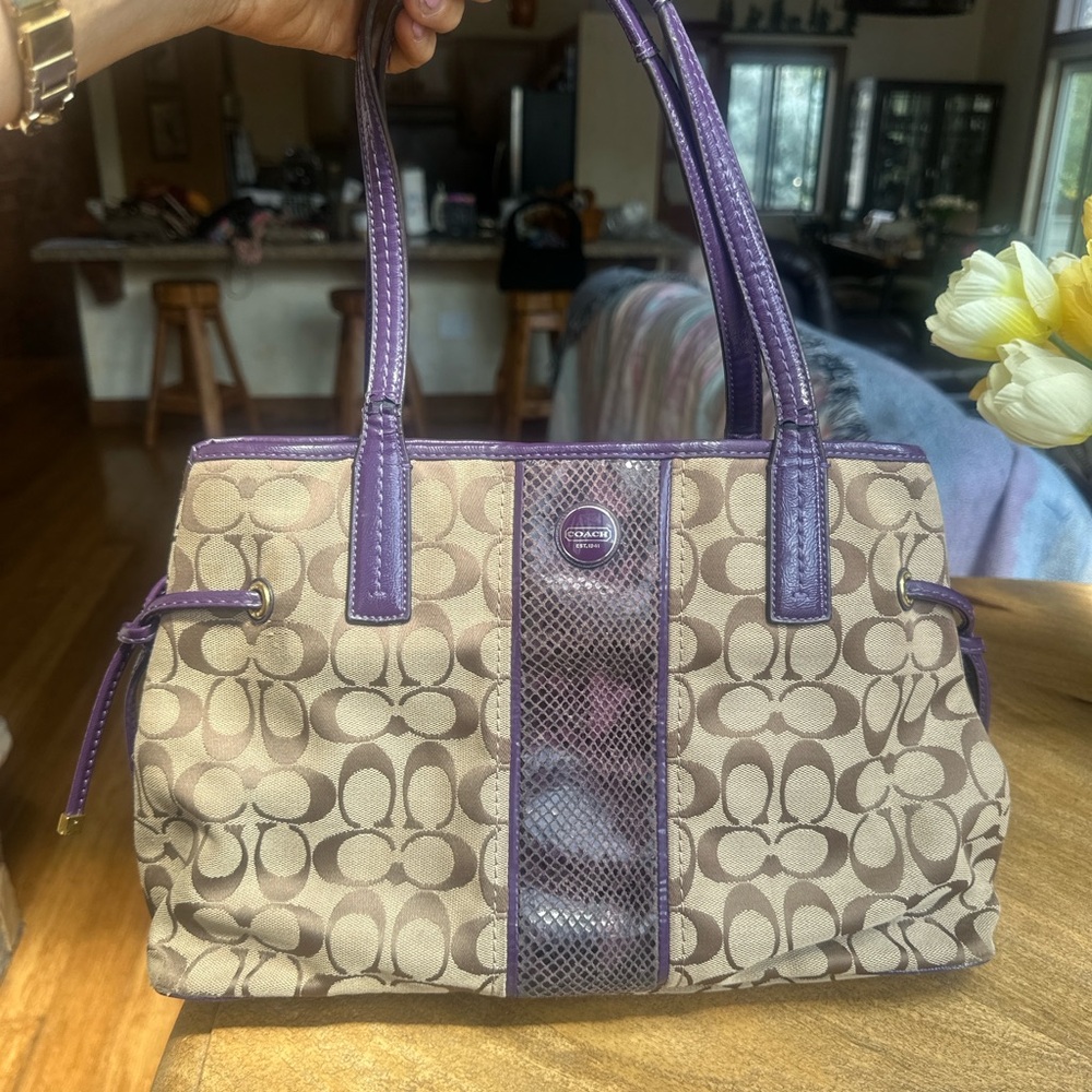 Coach Purple and Tan Signature Tote Bag w/ python
